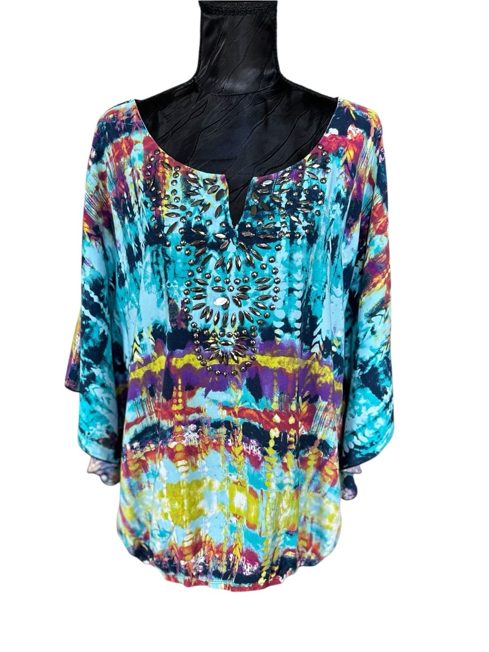 Cato Woman 22/24W Colorful Tunic Blouse Beaded Neck Boho Flowy Top